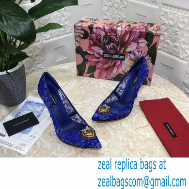 Dolce  &  Gabbana Heel 10.5cm Taormina Lace Pumps Blue with Devotion Heart 2021